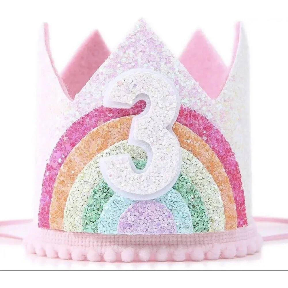 Toddler Girl 3rd Birthday Felt Rainbow Glitter Crown Princess Unicorn Party NEW